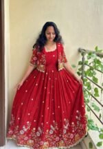 Women Anarkali Gown with Embroidered Jacket | Party Wear Ethnic Dress (Wine Red) - Image 2