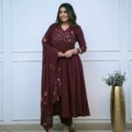 Women’s Maroon Embroidered Anarkali Kurta Set with Dupatta | Ethnic Party Wear