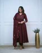 Women’s Maroon Embroidered Anarkali Kurta Set with Dupatta | Ethnic Party Wear