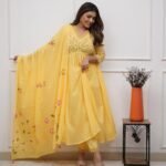 Women Yellow Anarkali Kurta Set with Dupatta | Floral Embroidered Ethnic Festive Wear