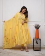 Women Yellow Anarkali Kurta Set with Dupatta | Floral Embroidered Ethnic Festive Wear