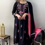 Black Embroidered Kurta Set for Women with Pink Dupatta | Ethnic Party Wear Kurti Set