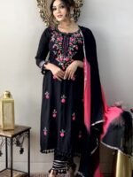 Black Embroidered Kurta Set for Women with Pink Dupatta | Ethnic Party Wear Kurti Set