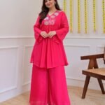 Stylish Pink Kurta Palazzo Set for Women | Embroidered Ethnic Party Wear Dress