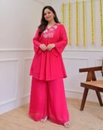 Stylish Pink Kurta Palazzo Set for Women | Embroidered Ethnic Party Wear Dress