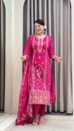 Women’s Purple Pink Printed Kurta Set with Dupatta | Ethnic Wear Straight Kurti Pant Set for Women