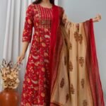 Women’s Red Floral Printed Kurta Set with Beige Dupatta | Elegant Ethnic Wear Kurti Pant Set
