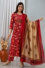 Women’s Red Floral Printed Kurta Set with Beige Dupatta | Elegant Ethnic Wear Kurti Pant Set