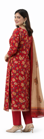 Women’s Red Floral Printed Kurta Set with Beige Dupatta | Elegant Ethnic Wear Kurti Pant Set - Image 3