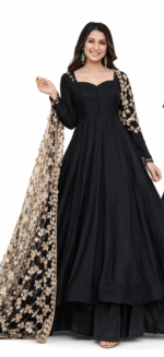 Black Georgette Anarkali Kurta Sharara Set with Designer Lace Dupatta for Women | Wedding & Party Wear - Image 2