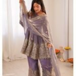 Women’s Lavender Grey Embroidered Kurta Palazzo Dupatta Set | Festive Ethnic Wear