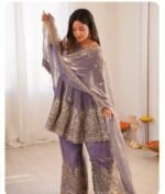 Women’s Lavender Grey Embroidered Kurta Palazzo Dupatta Set | Festive Ethnic Wear