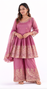 Women’s Pink Embroidered Kurta Palazzo Dupatta Set | Festive Ethnic Wear - Image 2