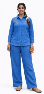Women’s Blue Cotton Co-ord Set | Stylish Shirt & Pant Set | Comfortable Casual & Summer Wear - Image 2