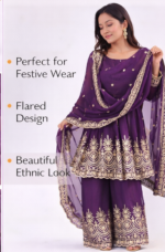 Women’s Purple Embroidered Kurta Palazzo Set with Dupatta | Ethnic Party Wear Suit Set - Image 4
