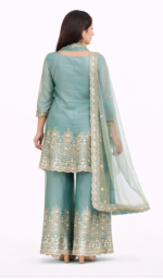 Women’s Designer Peplum Kurta Sharara Set with Dupatta | Embroidered Ethnic Party Wear (Sea Green) - Image 3