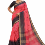 Coral Basanti Linen Saree with Black Border & Golden Zari | Elegant Office & Festive Wear Saree for Women