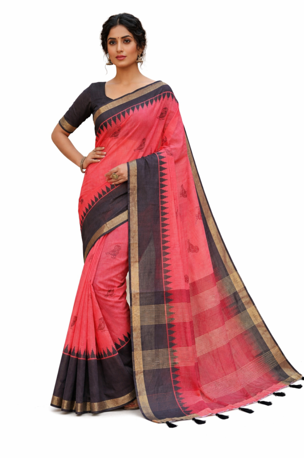 cropped-ChatGPT-Image-Apr-20-2026-04_27_33-PM.png Coral Basanti Linen Saree with Black Border & Golden Zari | Elegant Office & Festive Wear Saree for Women - Image 1