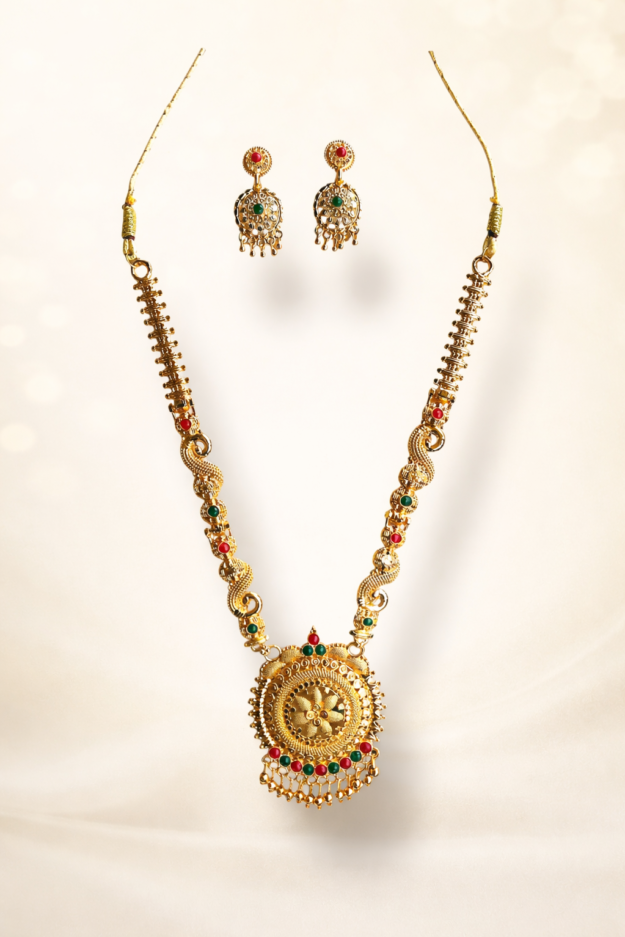 cropped-file_000000008bb87208a760dacb0ce86c34.png Mahalakshmi Antique Necklace Set | Temple Jewellery with Earrings | Bridal Gold Look Necklace | Traditional Ethnic Set - Image 1