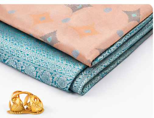 dsff Women’s Premium Beige Silk Saree with Teal Zari Border | Designer Wedding & Party Wear Saree - Image 1