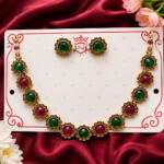 Slayo Red and Green Stone Necklace and Earrings Set for Women