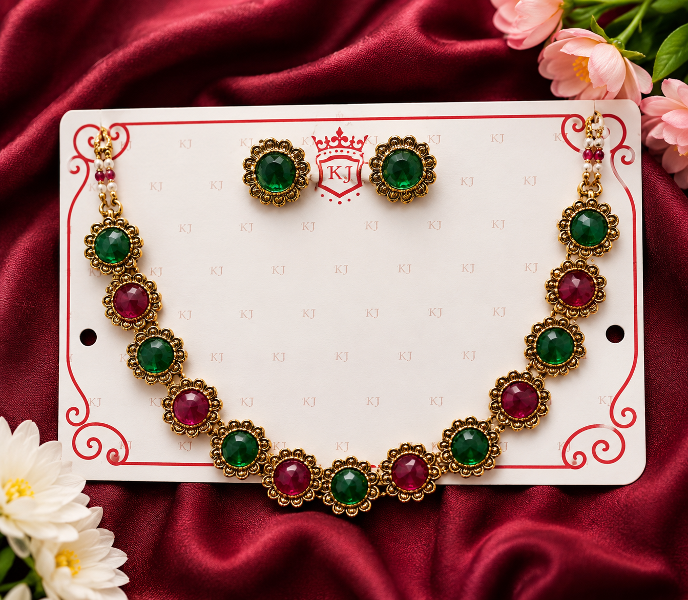 e126ba45-1af7-4590-8d80-fc2ef35b0be2 Slayo Red and Green Stone Necklace and Earrings Set for Women - Image 1