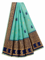Aqua Teal Handwoven Mahabalipuram Silk Saree with Navy Blue Antique Gold Zari Border - Image 2