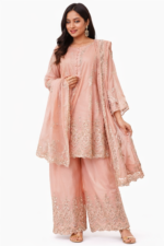 Women’s Peach Designer Embroidered Kurta Palazzo Dupatta Set | Wedding & Festive Wear - Image 2