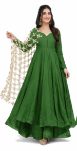 Women Mehendi Green Anarkali Gown with Designer Dupatta | Festive & Party Wear Ethnic Dress - Image 2