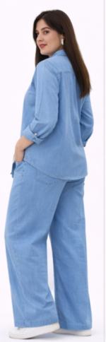 Women Denim Co-Ord Set with Floral Applique Shirt & Wide Leg Pants | Casual Stylish Outfit - Image 3