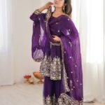 Women’s Purple Embroidered Kurta Palazzo Set with Dupatta | Ethnic Party Wear Suit Set
