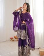 Women’s Purple Embroidered Kurta Palazzo Set with Dupatta | Ethnic Party Wear Suit Set