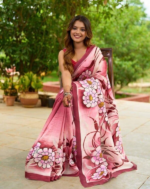 Blush Harmony Pink Semi Murshidabad Bapta Silk Saree – Handblock Floral Design with Maroon Borders & Blouse