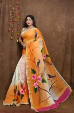Sunset Canopy” Kerala Cotton Saree – Hand‑Painted Birds & Blossom on White‑to‑Orange Ombre, with Magenta & Gold Borders - Image 2