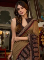 Timeless Brown Handcrafted Ajrakh Saree with Traditional Block Prints - Image 2
