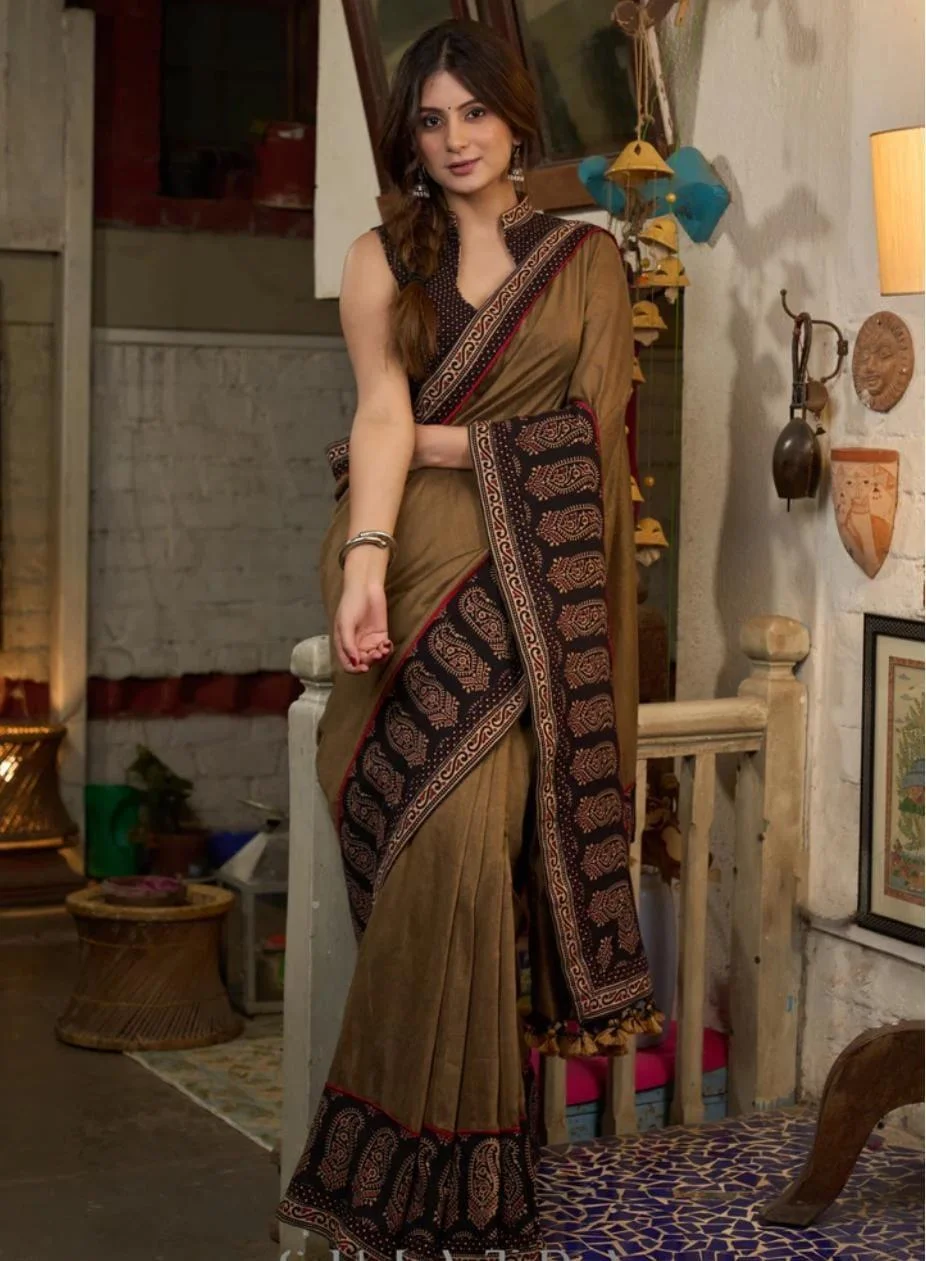 img-20250725-wa0006 Timeless Brown Handcrafted Ajrakh Saree with Traditional Block Prints - Image 1