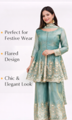 Women’s Designer Peplum Kurta Sharara Set with Dupatta | Embroidered Ethnic Party Wear (Sea Green) - Image 5