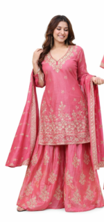 Women’s Pink Embroidered Kurta Sharara Set with Dupatta | Ethnic Festive Wear Suit - Image 2