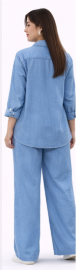 Women Denim Co-Ord Set with Floral Applique Shirt & Wide Leg Pants | Casual Stylish Outfit - Image 4