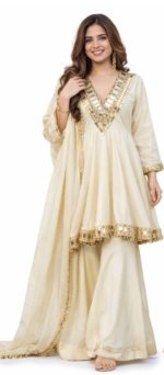 Cream Gold Georgette Kurta Sharara Set with Dupatta for Women | Festive & Wedding Ethnic Wear - Image 2