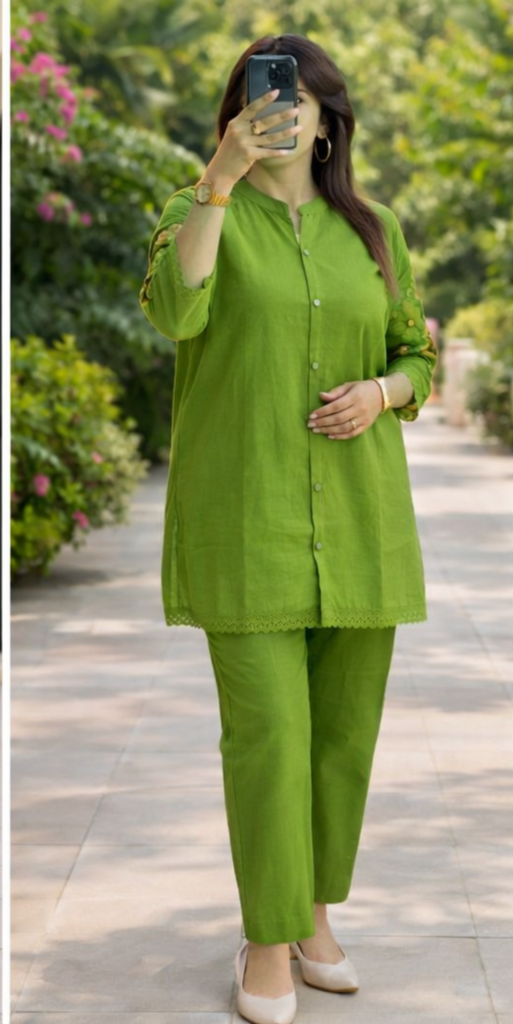 l Women Green Co-ord Set | Stylish Solid Kurta Pant Set | Casual & Office Wear (M–L) - Image 1