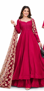 Women’s Hot Pink Anarkali Kurta Set with Palazzo & Embroidered Dupatta | Party & Festive Wear - Image 2