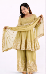 Women’s Mustard Yellow Peplum Kurta Palazzo Set with Dupatta | Embroidered Ethnic Party Wear Suit - Image 2