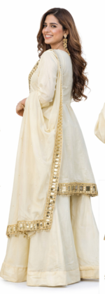 Cream Gold Georgette Kurta Sharara Set with Dupatta for Women | Festive & Wedding Ethnic Wear - Image 3