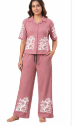 Women’s Pink Co-Ord Set | Printed Shirt & Wide Leg Pants | Casual Lounge Wear Set - Image 2