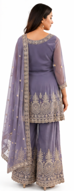 Women’s Lavender Grey Embroidered Kurta Palazzo Dupatta Set | Festive Ethnic Wear - Image 3