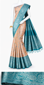 Women’s Premium Beige Silk Saree with Teal Zari Border | Designer Wedding & Party Wear Saree - Image 4
