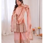 Women’s Peach Designer Embroidered Kurta Palazzo Dupatta Set | Wedding & Festive Wear