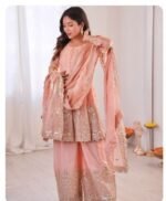 Women’s Peach Designer Embroidered Kurta Palazzo Dupatta Set | Wedding & Festive Wear