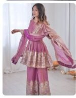 Women’s Pink Embroidered Kurta Palazzo Dupatta Set | Festive Ethnic Wear